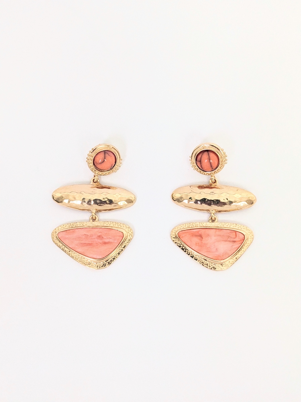 Gold Drop Earrings w/ Coral Stone Inlay